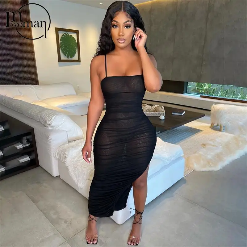 

INWOMAN Autumn Sexy Black Dresses For Women 2021 Cami Straps Backless Bodycon Dress Female Mesh See Through Clubwear Maxi Dress