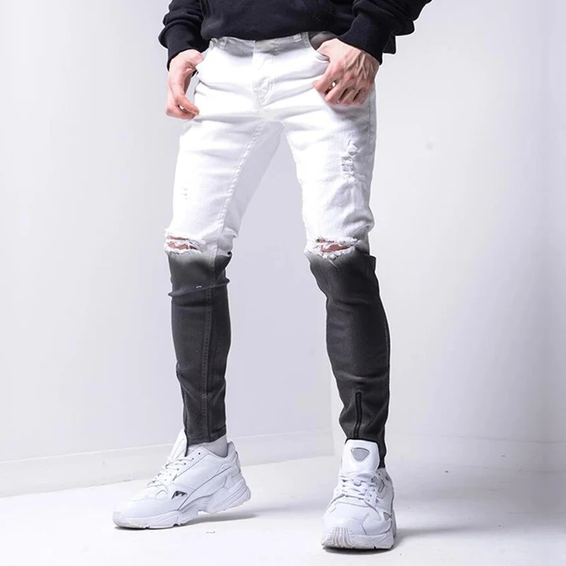 

Jeans Pants Men Slim Fit Brand Motor Biker Hip Hop Zipper Denim Pants Gradient Vintage Trousers