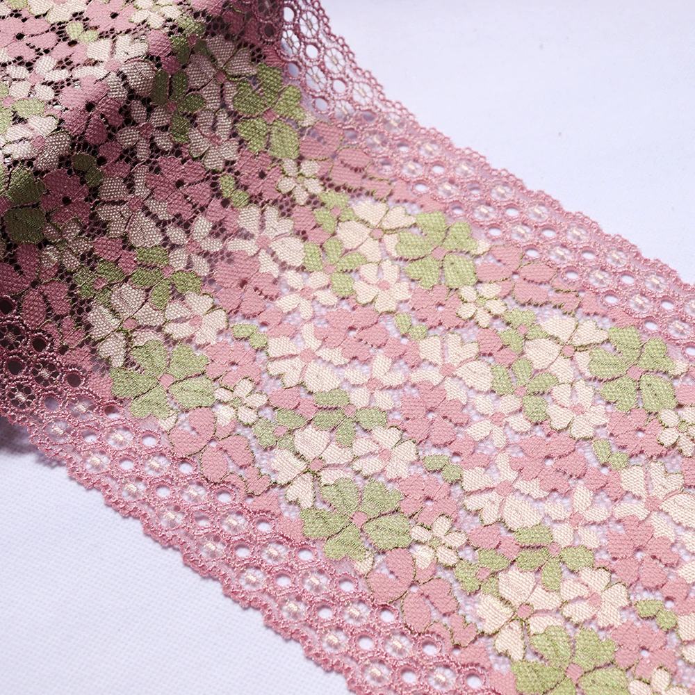 Эластичная кружевная отделка с розово-зеленой цветочной вышивкой 18 см в ширину