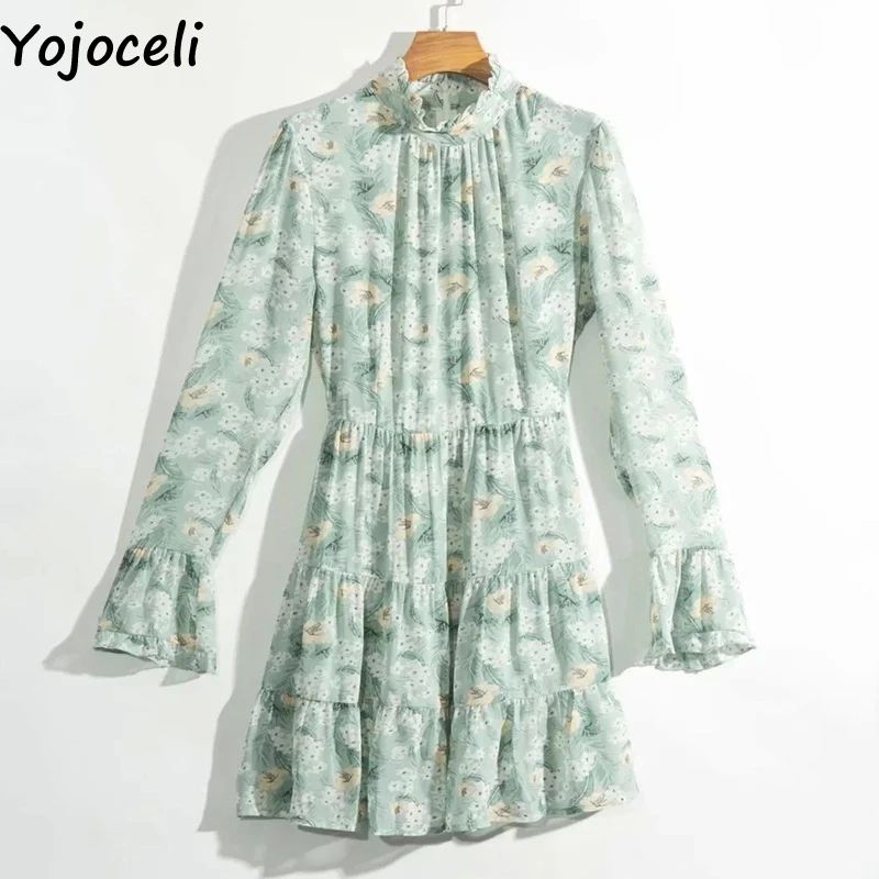 Yojoceli сексуальное шифоновое платье с принтом и рюшами Осеннее повседневное