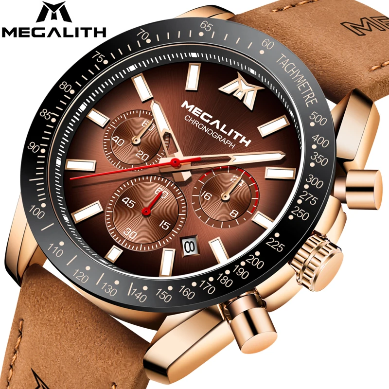 

MEGALITH Brown Leather Men Watches Fashion Casual 3ATM Waterproof Quartz Watches Multifunction Auto Date Watch Relogio Masculino