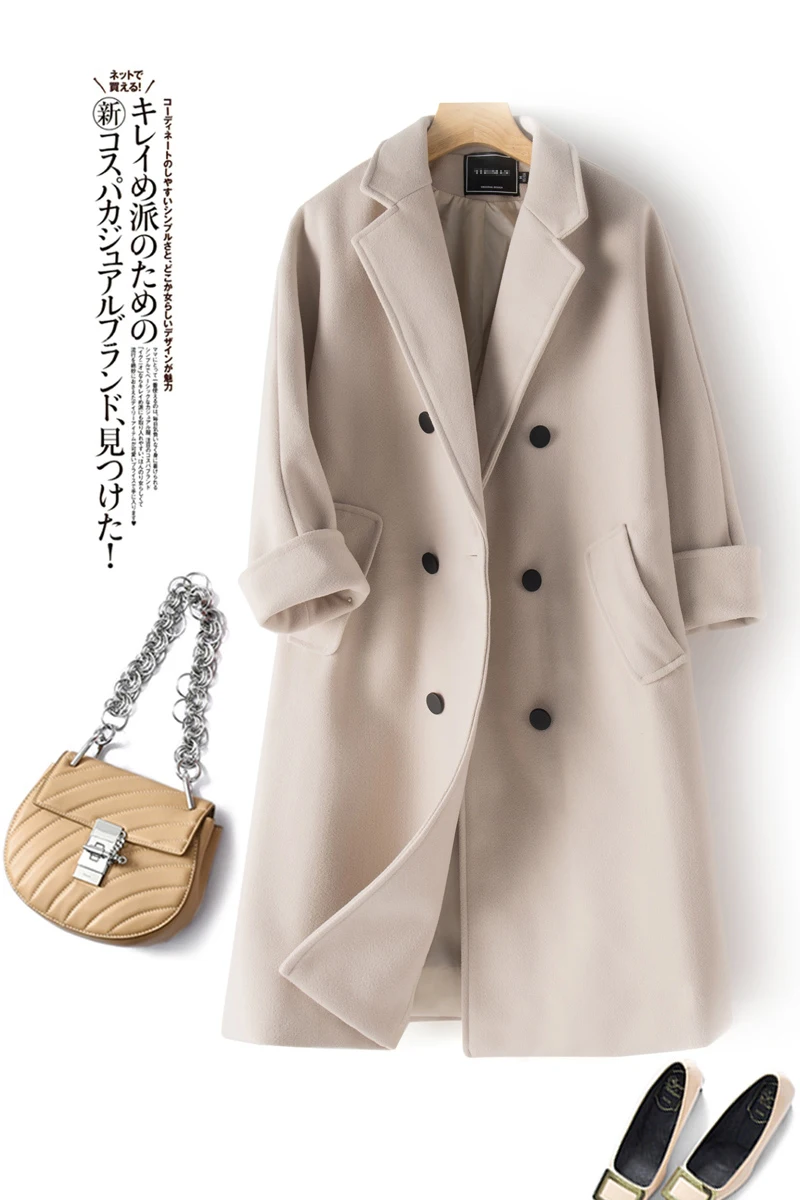 

New autumn women's straight long coat solid color lapel double-breasted ladies coat