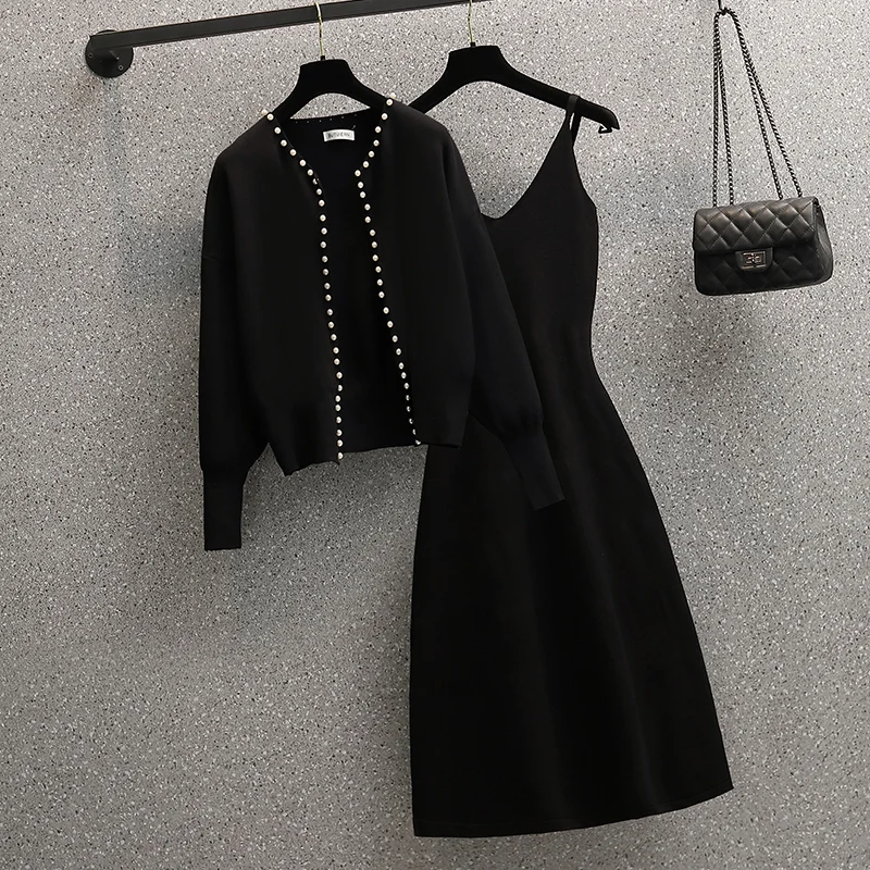 Женский черный костюм большого размера кардиган с жемчугом жакет топ и платье на