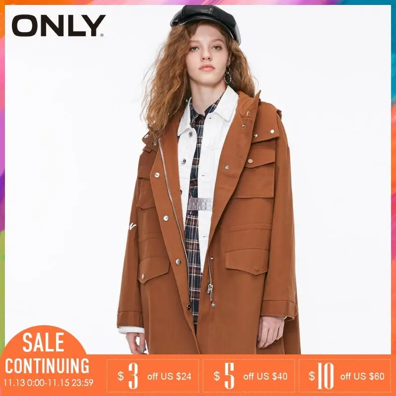 ONLY Осенний Свободный плащс капюшоном принтом букв куртка женская| 118336557|Женские