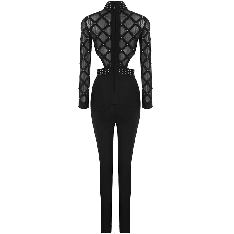 

High Quality Black Long Sleeve Beading Hollow Out Rayon Bandage Jumpsuit Cocktail Party Bodycon Jumpsuit