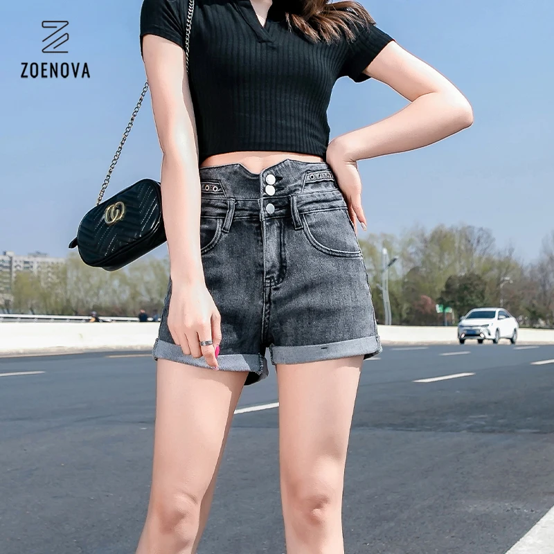 Zoenova Slim Taille Haute Short En Jean D'été Décontracté Multi-boutons Jolie Fille Short de Cyclisme 2021 Basique Mode Vêtements Pour Femmes