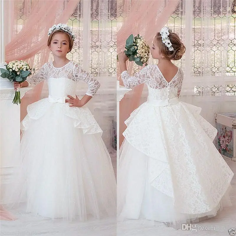 

Vintage Full Lace Flower Girl Dresses for Weddings Long Sleeves Floor Length Cheap Girl Pageant Gowns Kids Princess Communion Dr