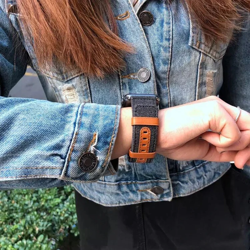 Модный ремешок из ткани и кожи для Apple Watch 38 мм 42 мм для iWatch 40 мм 44 мм Серия 2 3 4 5 ремешок для часов браслет