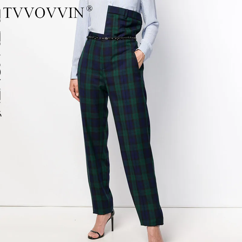 TVVOVVIN,, корейская мода, неровная Талия, женские штаны, новинка, лето, весна, зеленая клетка, Ретро стиль, женские штаны AS605