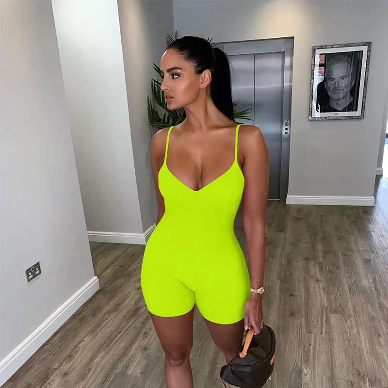 

2020 Women Sleeveless Strap V-neck Playsuit Rompers Jumpsuit Bodycon Solid Stretch Sport Jumpsuit Shorts Pants Drop Shipping