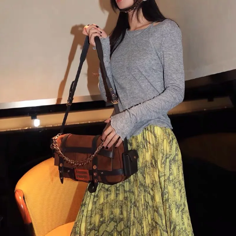 Женская Замшевая сумка-багет с карманом брендовая дизайнерская сумка через