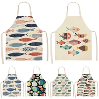 1pcs cartoon fish pattern cleaning colorful aprons home cooking kitchen apron cook wear cotton linen adult bibs 5365cmwql0020