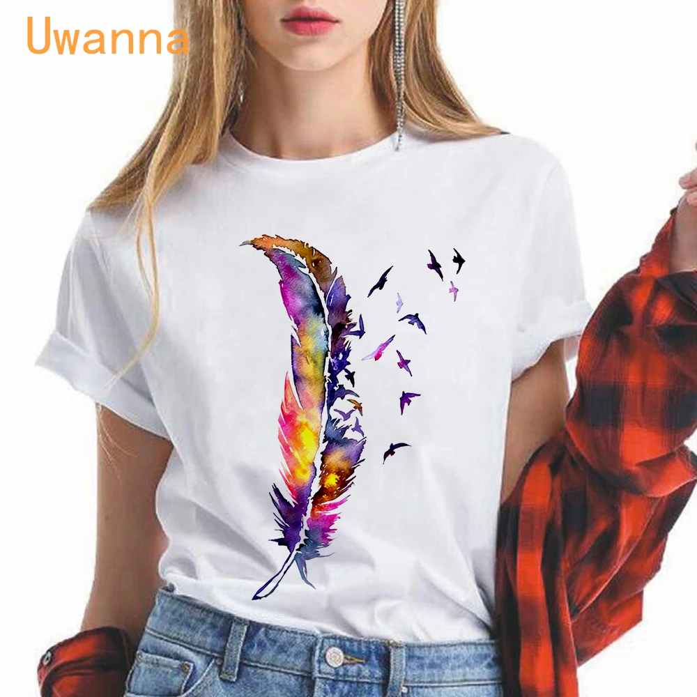 Женская футболка с разноцветным принтом перьев летняя Эстетическая коротким