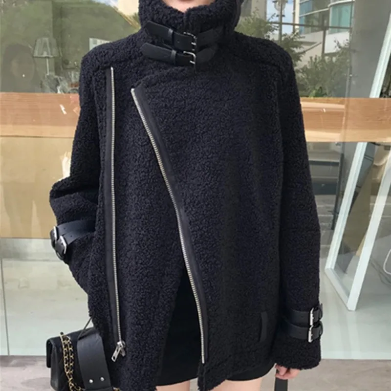 

Korean Style Womens Fashion Loose O-Neck Lamb Wool Jackets Zippers Pockets Office Lady Casual Plus Cashmere Short Biker Jacket