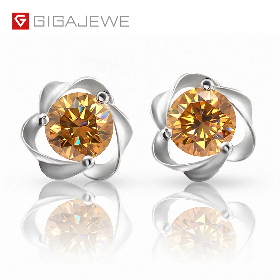 GIGAJEWE Муассанит с желтым круглым срезом общая 1.0ct выращенные лабораторно алмазы 3-контактный Серебряные серьги Модные украшения подарок девушке