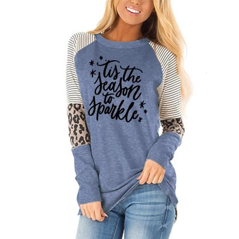 

New Fashion T-Shirt For Women Merry Christmas Letters Print Leopard Print Neck Long Sleeve T-Shirt Plus Size Female Tshirt