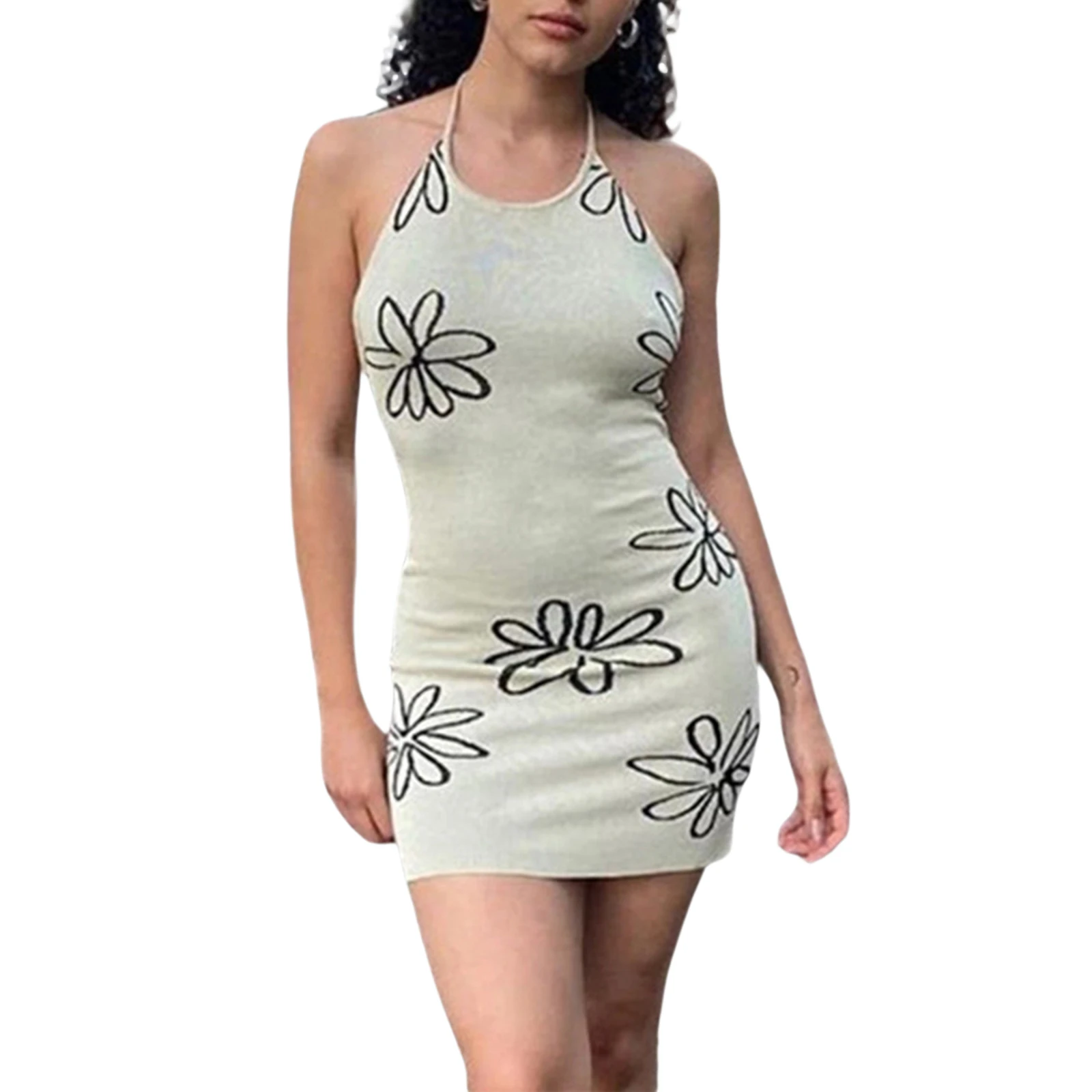 

Women Knit Halter Dress, Adults Slim Fit Tie Up Flower Print U-shaped Neck