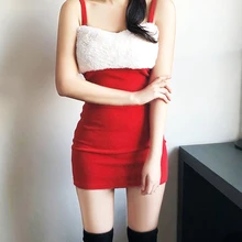 Women's Fashion Sexy Color Contrast Fur Stitching Slim Fit Bag Hip Sling Dress (4)