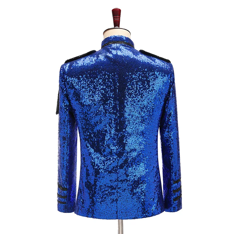 Королевский синий пиджак с блестками украшенный в стиле милитари мужской для
