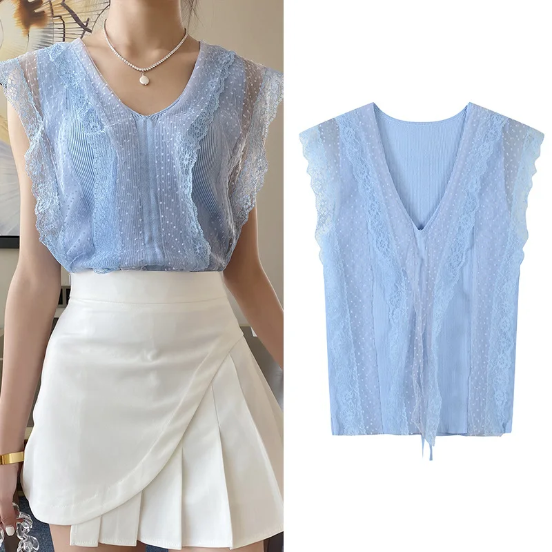

ENGAGEMENT High Quality 2021 Summer Ice Silk Thin Sleeveless Splicing Pullover Sweater Multilayer Lace V-neck Jacket