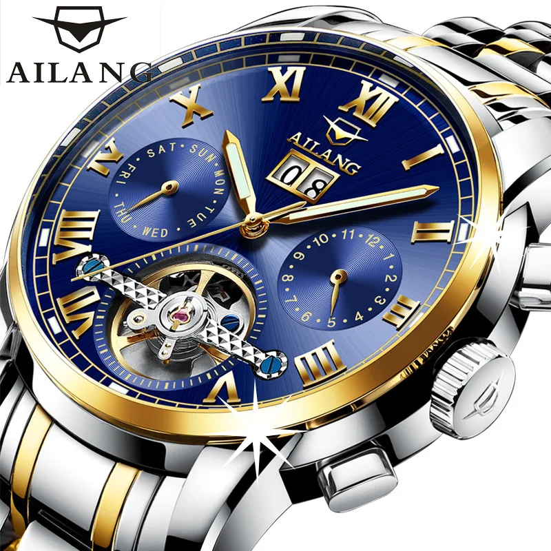 

AILANG Sport Fashion Business Calender Month Week Men's Wrist Watch Luminous Top Erkek Saat Tourbillon Skeleton Automatic 8505