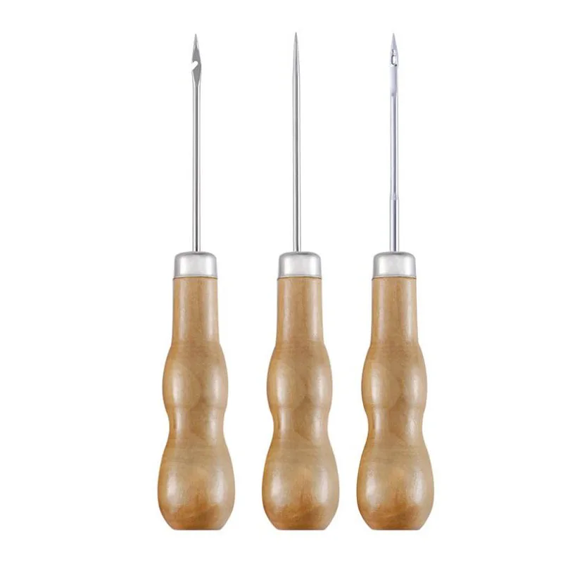

3PCS Wooden Handle Sewing Awl Hand Stitcher Leathe Punch Tool DIY Shoe Repair Hook Tool Leather accessories