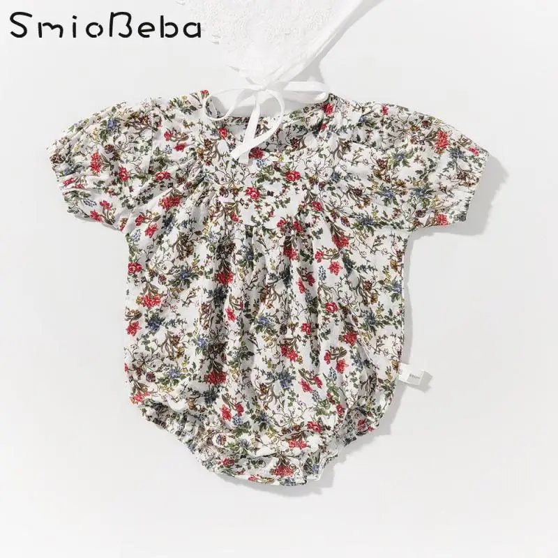 

Ins Summer New Girl's Baby Floral Bodysuits Flying Sleeve Hardcover Baby Cotton One Piece Creeper Hat Full Printed Flower Romper