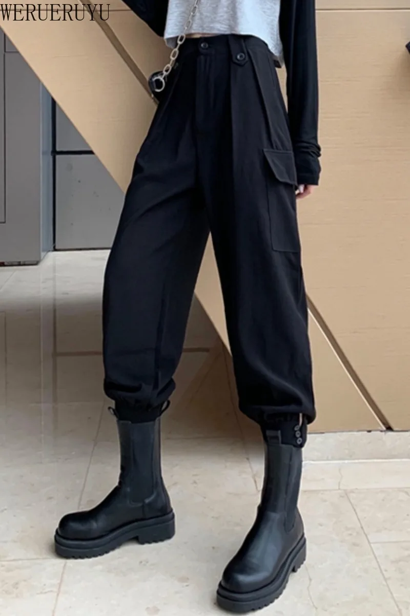 

WERUERUYU 2020 New Pants Women Hot Women Fashion Ankle-Length Trouse Female Classic Button High Elastic Waist Slim Long Pants