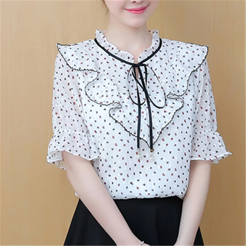 Женские блузки и топы шифоновые женские рубашки с коротким рукавом круглым