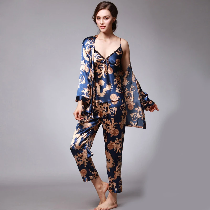 

Халат домашняя пижама Женская шелковая пижама из вискозы для пар женские летние пижамы из трех частей с длинными рукавами для мужчин