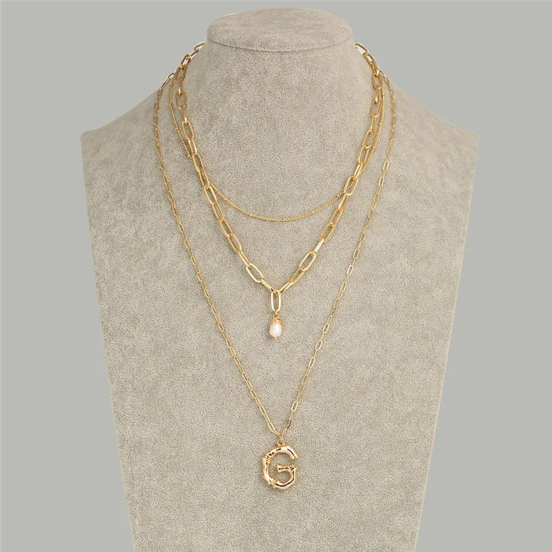 

Alphabet A-Z Minimalist Initial Pendant Necklace Women Chic Gold Alloy Bamboo 26 Letter Fashion Pearl Link Chain Jewelry