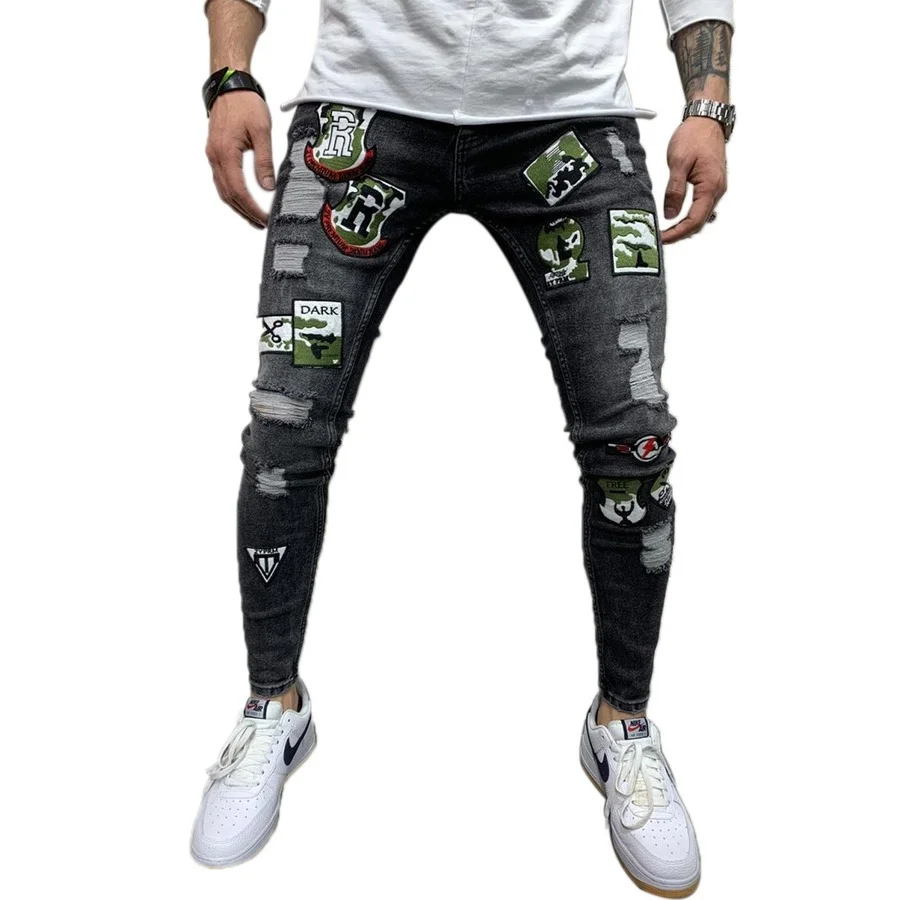 

Dropshipping New Men Stretchy Ripped Skinny Biker Embroidery Print Jeans Destroyed Hole Taped Slim Fit Denim Scratched Jeans