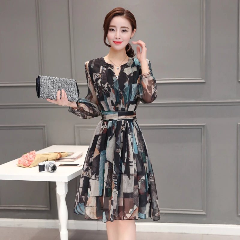 Женское платье с длинным рукавом винтажное цветочным принтом шифоновое женское