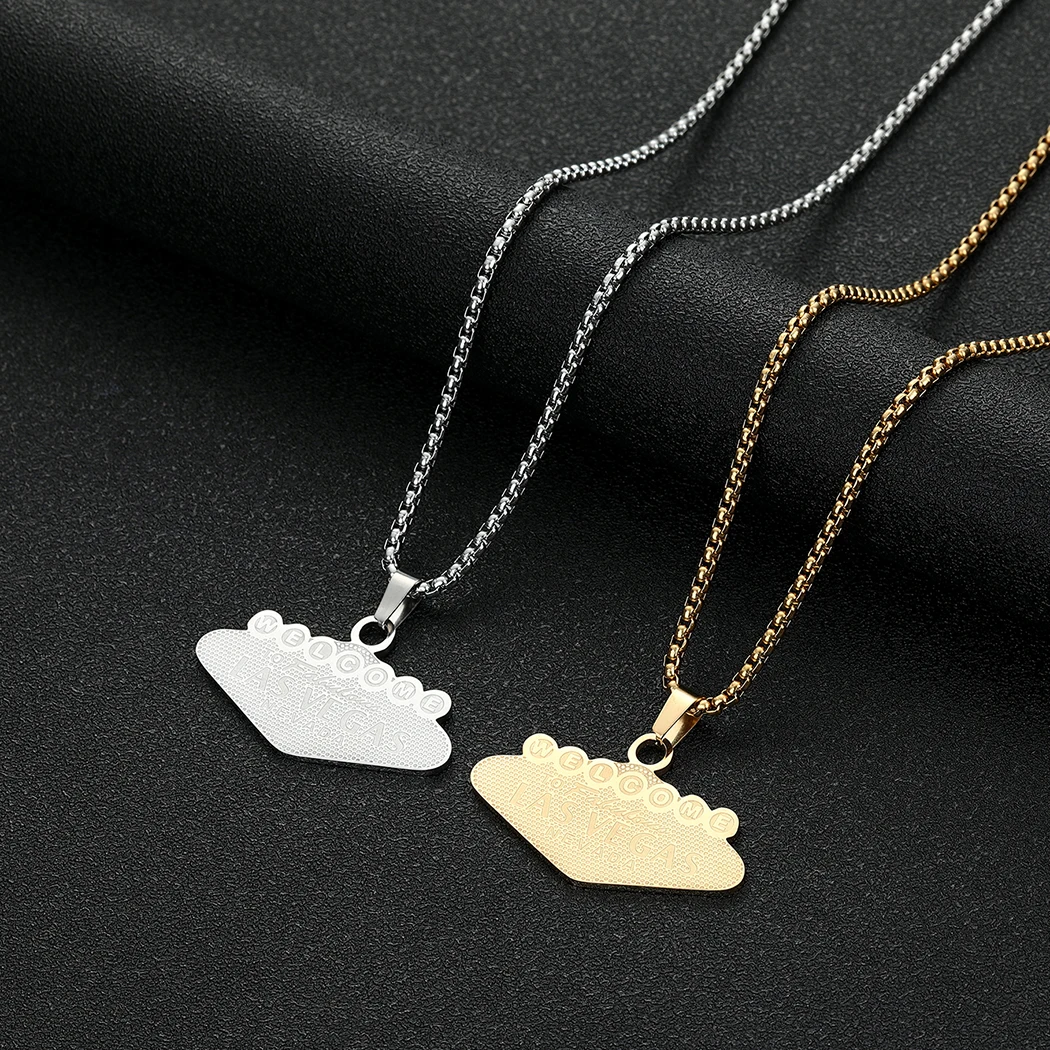 

CHENGXUN Minimalist Gold Las Vegas Charm Pendant Necklace for Men Women Stainless Steel Engraved Charm Box Chain Jewelry Gift
