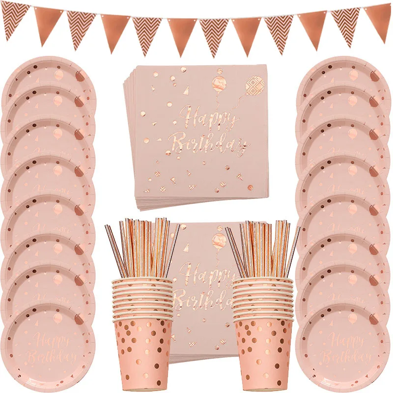 

Rose Gold Party Disposable Tableware Plate Straw Girl Birthday Party Decoration Adult Celebration Bride Wedding Party Supplies
