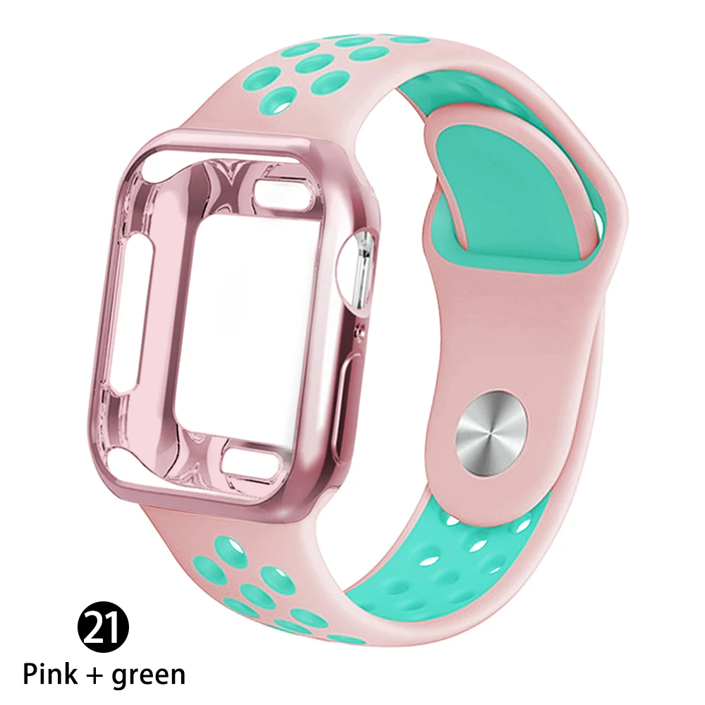 Чехол+ ремешок для apple Watch 5 ремешок 42 мм 38 мм 40 мм 44 мм спортивный силиконовый браслет для apple iwatch series 5 4 3 2 1 Аксессуары - Цвет ремешка: Pink    green