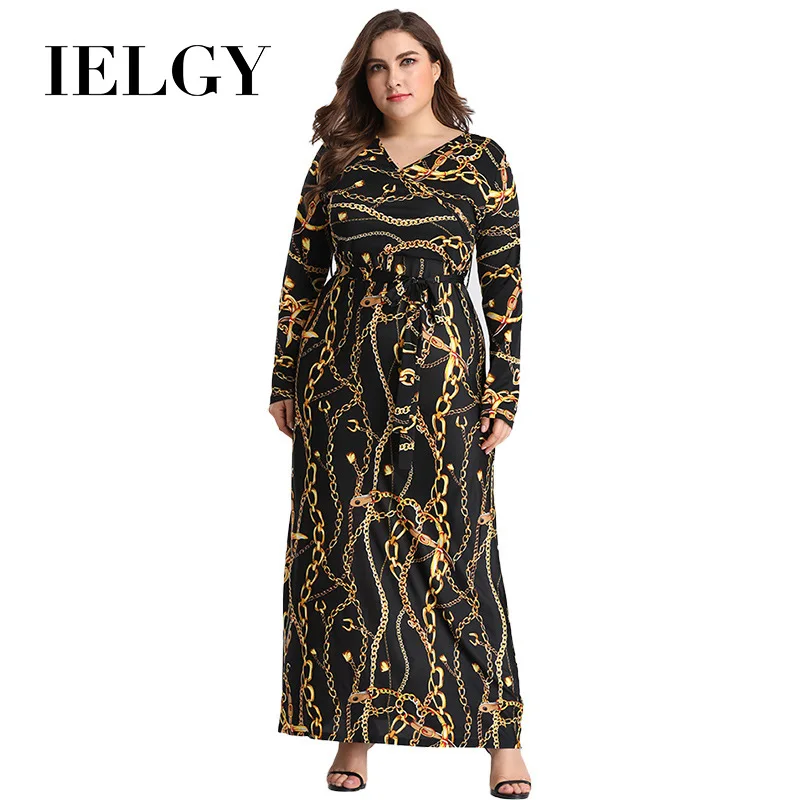 

IELGY Plus size women's printed round neck waist slimming long sleeve dress