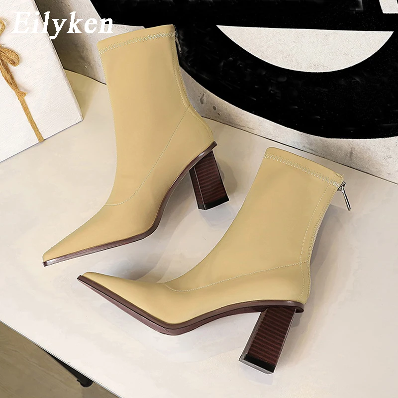 

Eilyken/Высококачественная обувь из эластичной ткани с острым носком на высоком каблуке; Женские модные пикантные офисные Ботильоны на молнии