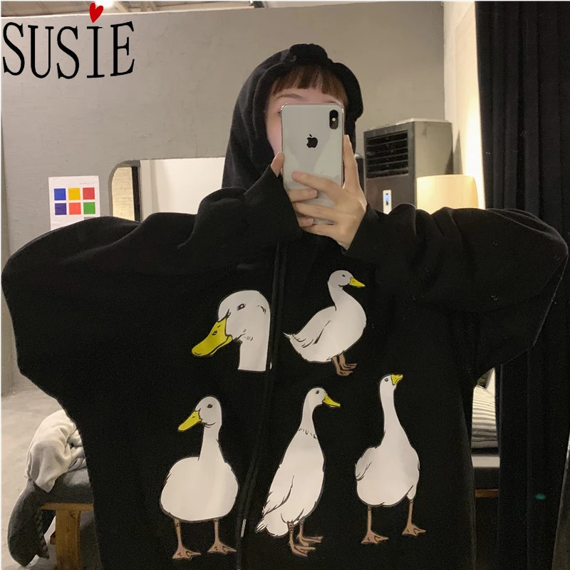 Новинка 2019 Женская толстовка с капюшоном милым принтом утки и Финни модная