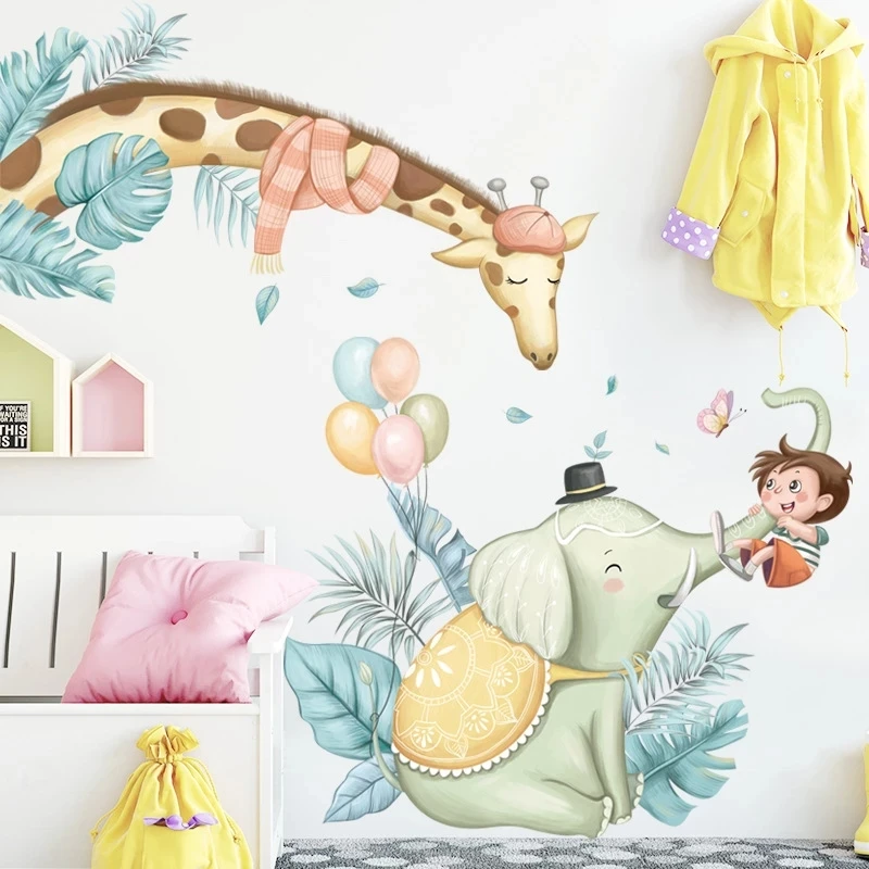 Милые наклейки на стену со слоном жирафом мальчиком для детской комнаты