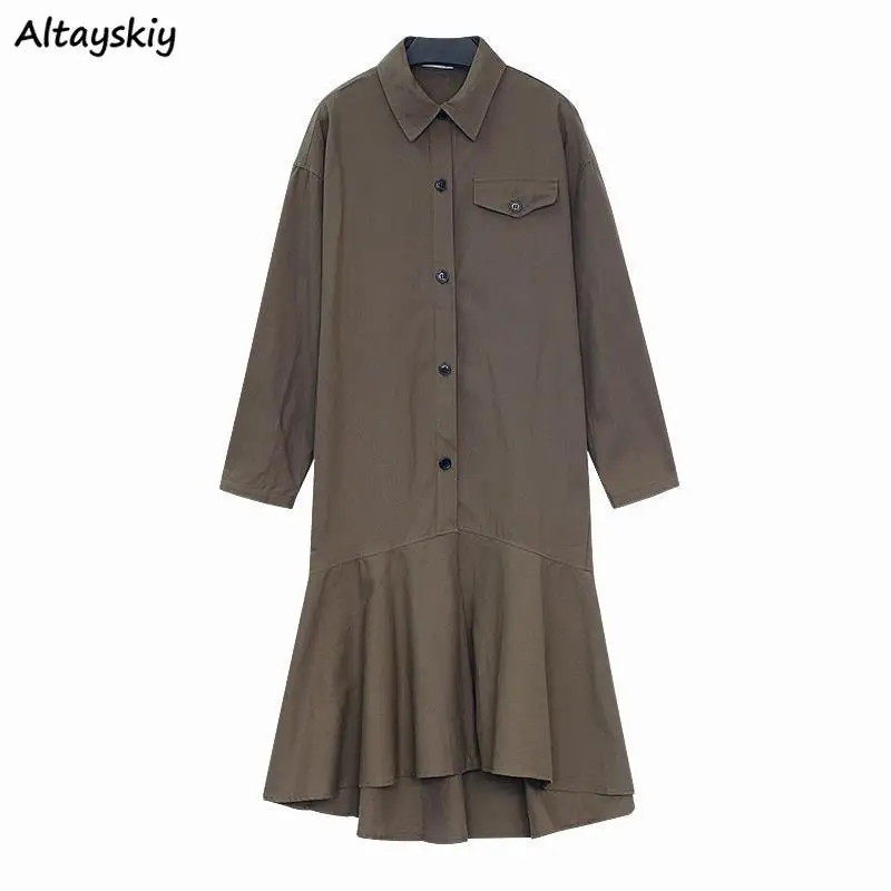 

Dress Women Soft Trendy All-match Soft Simple Korean Style Loose Single Breasted Female High Quality Wavy A-Line Casual Stylish