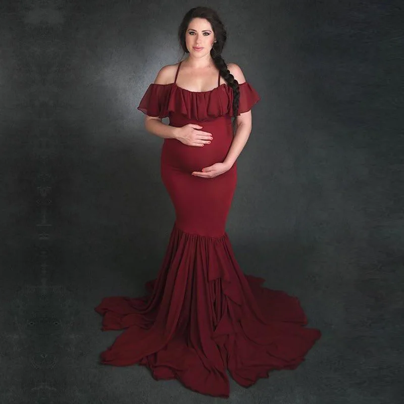

Mermaid Maternity Dresses For Photo Shoot Pregnant Women Ruffles Pregnancy Dress Photography Props Off Shoulder Maxi Maternity