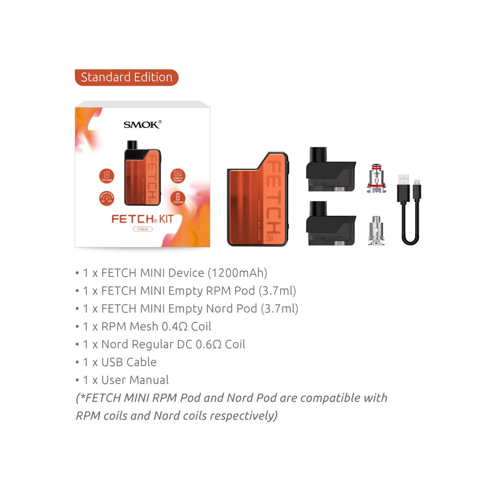 SMOK Fetch Mini Pod Vape Kit акриловая Версия 3 7 мл картридж 1200 мАч батарея об/мин сетка 0.4ohm Nord
