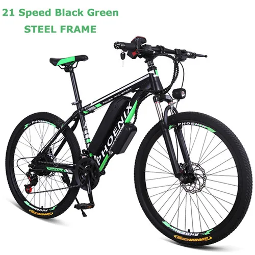 21 Speed black green Мощный электрический велосипед, 2 колеса, Электрический велосипед, 26 дюймов, углеродистая сталь, 21/27 скоростей, горный, 40 км, электрические скутеры для взрослых - Цвет: 21 Speed black green
