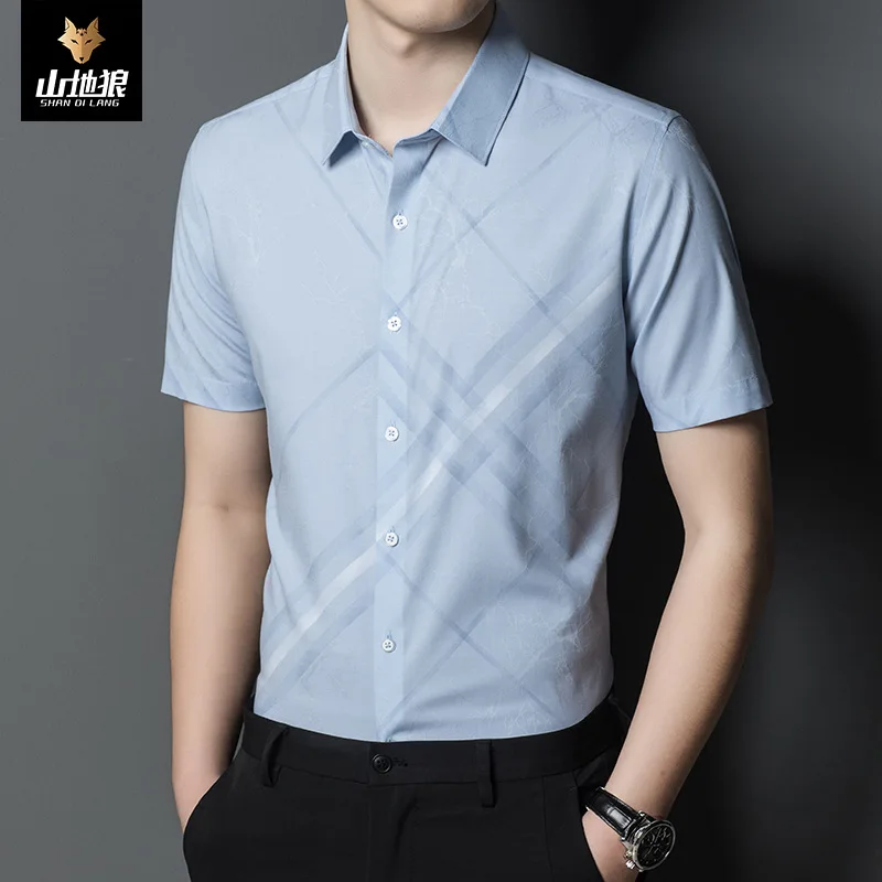 

Mountain Wolf men's summer new printing casual business short sleeve shirt men's Lapel cardigan shirt coat