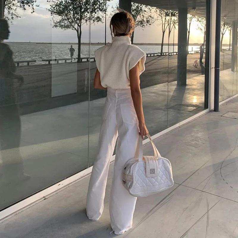 

Fashion Solid Knitted Turtleneck Sleeveless Women's Tanks Sweaters Casual Chic Fall Winter Pullover Tops Loose Females Clothes