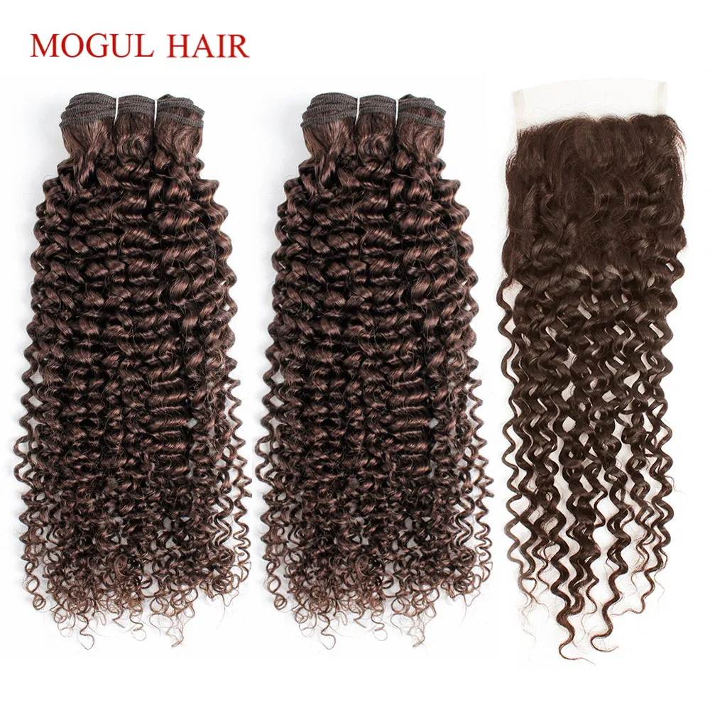 Dark Brown Jerry Curly Hair Bundles With Closure 2/3 Bundles With 4x4 Lace Closure Remy Human Hair weave Extension MOGUL HAIR