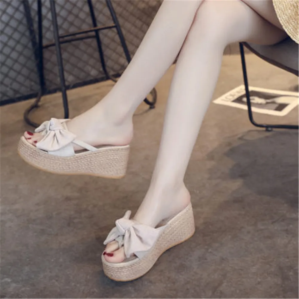 

New Beauty Mulers Women Wedge Slippers Flock Bow Platform Clog Shoes Ladies Slip-on Open Toe Fashion Thick Bottom Slides 35-40