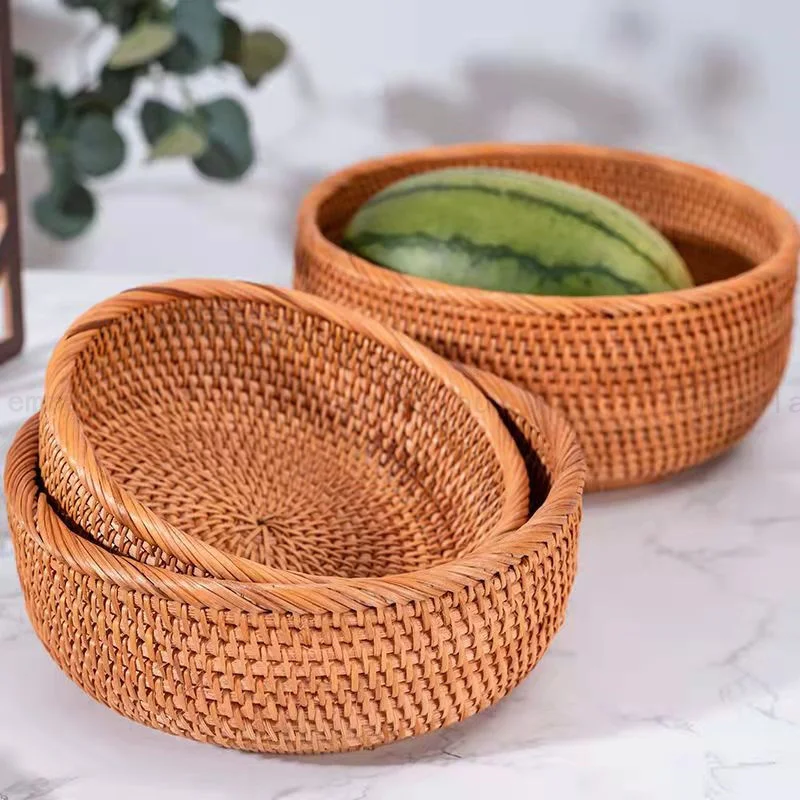 

Плетеная корзина из ротанга, корзина для фруктов, корзина для хранения продуктов, кухонная круглая коробка для фруктов