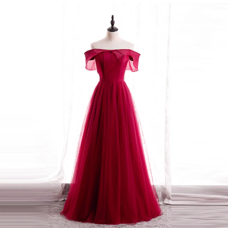 Женское платье с открытыми плечами, элегантное простое ТРАПЕЦИЕВИДНОЕ фатиновое платье до пола со шнуровкой, модель B1126